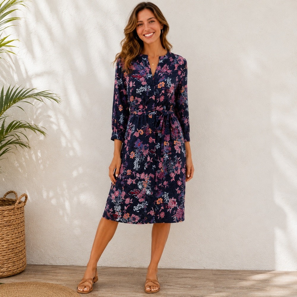 GAP Rayon Midi Dress Floral Polka Dot Button Front Belted Blue Size 6